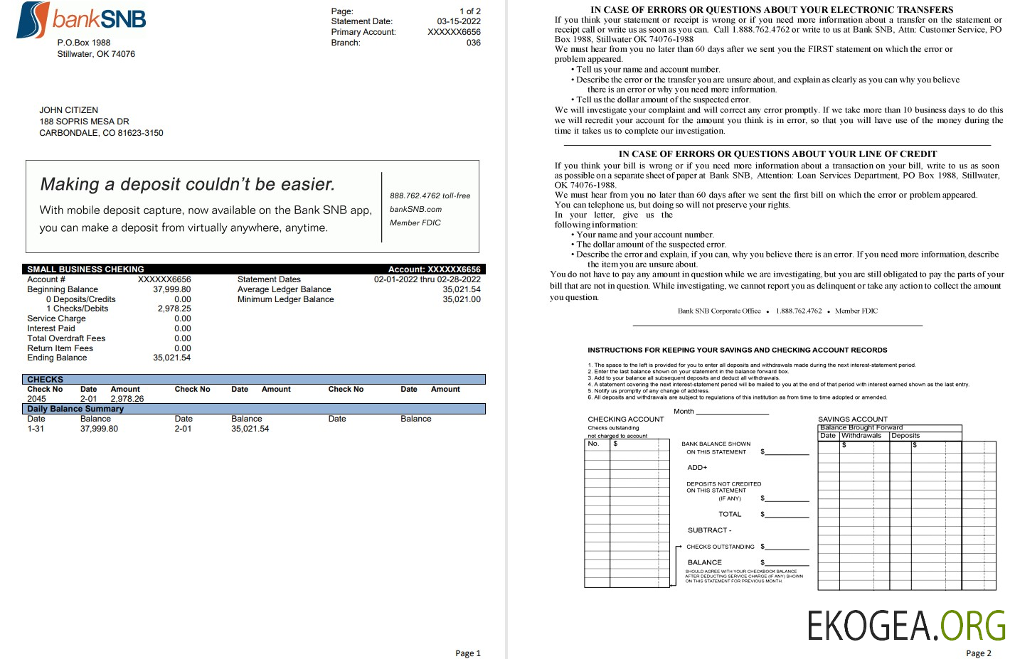 Etats Unis Oklahoma Relevé bancaire SNB 2 pages